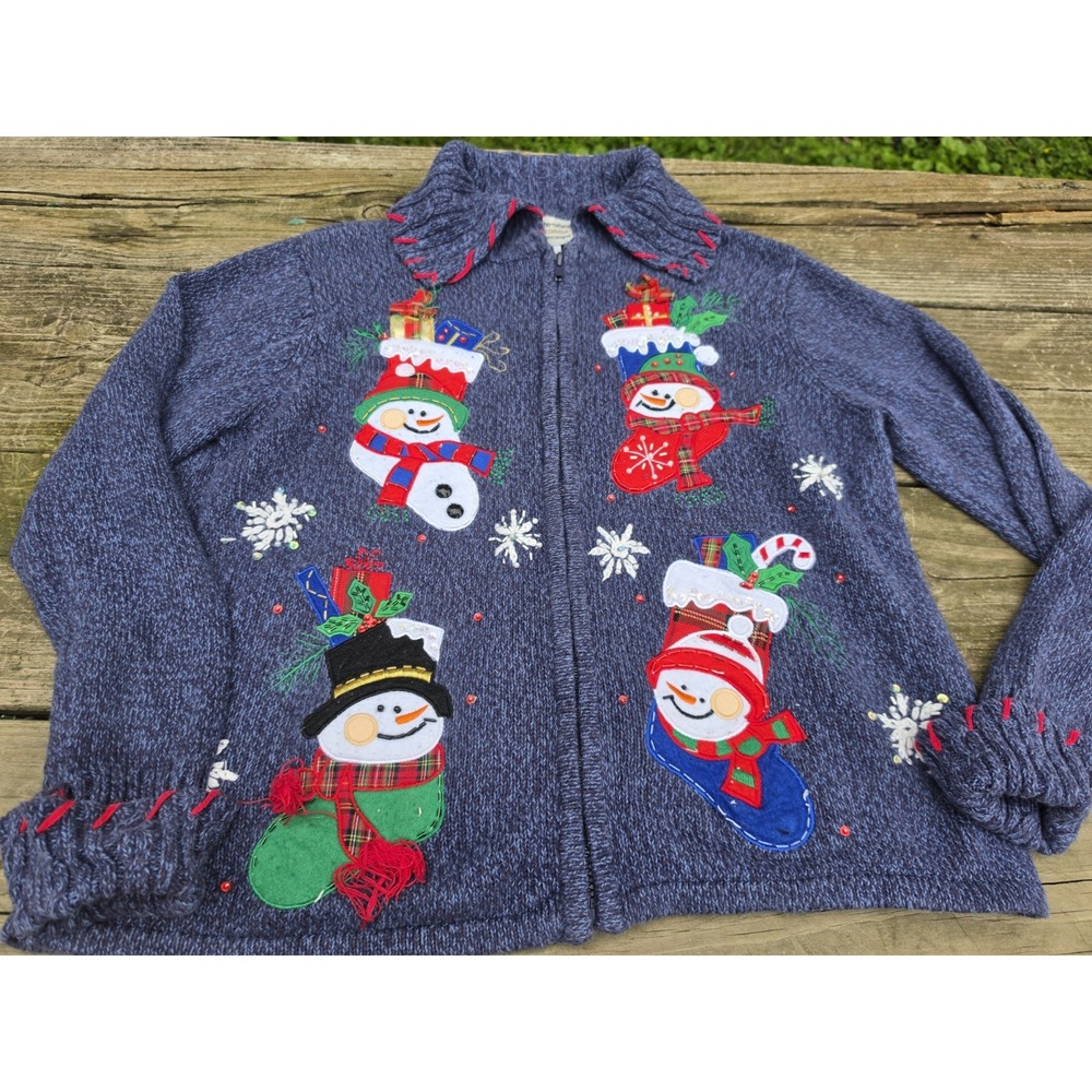 Tiara International Christmas Collection Snowman Cardigan L 3D Applique...